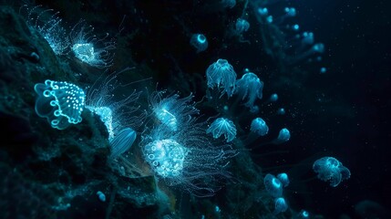 Fototapeta premium Bioluminescent organisms in a dark ocean environment