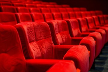 Obraz premium Auditorium with Red Velvet Theater Seats, Empty Cinema Chairs