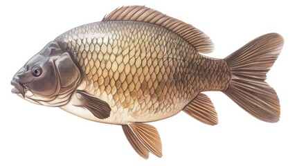 The Crucian carp Carassius carassius a freshwater fish stands out against a plain white background