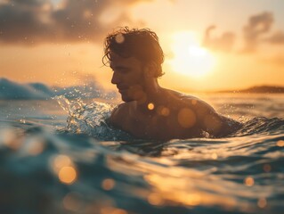 A man surfer on a beautiful blue ocean at daylight, sunny, island, ocean, sea, 