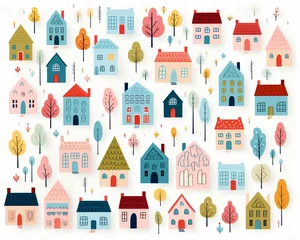 Fotobehang Cute house drawings in childlike style, repeating white background, flat simple line vector illustration ,  seamless pattern drawing © Amina
