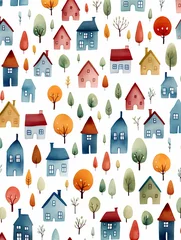 Fotobehang Flat graphic childdrawn houses, simple lines, repeating white background, artistic vector illustration ,  childlike drawing © Amina