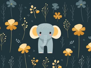 Fotobehang Elephant floral seamless vector, cute simple line repeat pattern, EPS illustration ,  simple lines drawing © Amina