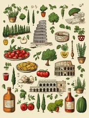 Fotobehang Italy vectors, cute landmarks and food, flat clipart bundle, for souvenir postcards and cloth ,  vector © Amina