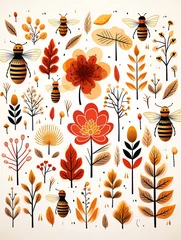 Fotobehang Illustrative bees and flowers, simple lines, flat design, seamless meadow pattern, white base, bright and clear ,  flat graphic drawing © Amina