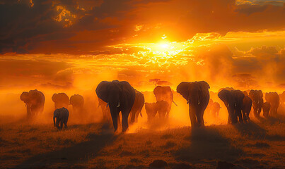 A herd of elephants walking in a line against a warm sunset backdrop. Generate AI
