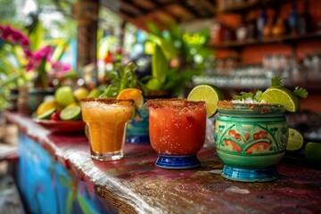 Chilled margaritas with a spiced rim, garnished with fresh lime, sit invitingly in front of a vibrant Mexican serape. The setting suggests a lively fiesta or a relaxed gathering with a taste of Mexica