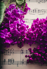 lilac branch on a leaf with notes close-up