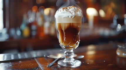 An Irish coffee sits on a bar. There is a warm glow in the background.