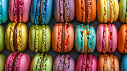 A lot of colorful french macaroons from directly above, top view background - Powered by Adobe