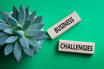 Business challenges symbol. Concept word Business challenges on wooden blocks. Beautiful green...