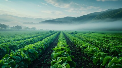A field of green plants with a foggy sky in the background