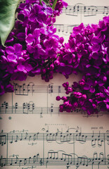 branch with lilac flowers on a background of music notes close-up
