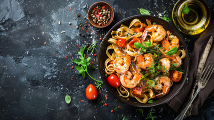 Fettuccine pasta with shrimp tomatoes and herbs.  

