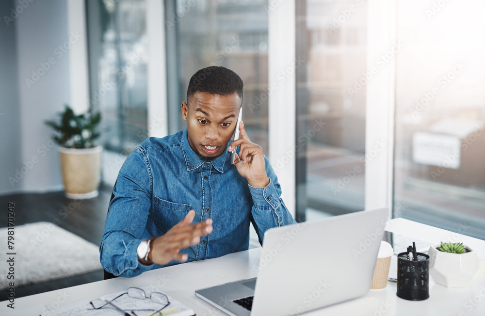 Poster discussion, phone call and black man by computer in office, workspace and desk happy in creative car