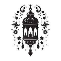  silhouette of a traditional Arabic lantern with Eid decorations black and white illustration