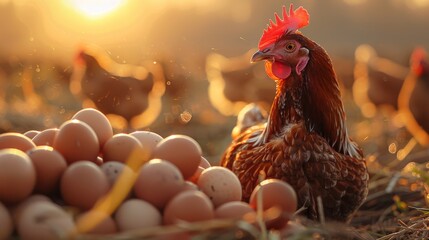 A chicken is laying on a pile of eggs