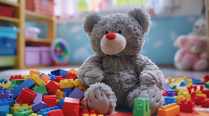 A playful gray teddy bear seated among a pile of colorful building blocks engaging in imaginative play and creative exploration in a bright and cheerful playroom filled with laughter and joy.