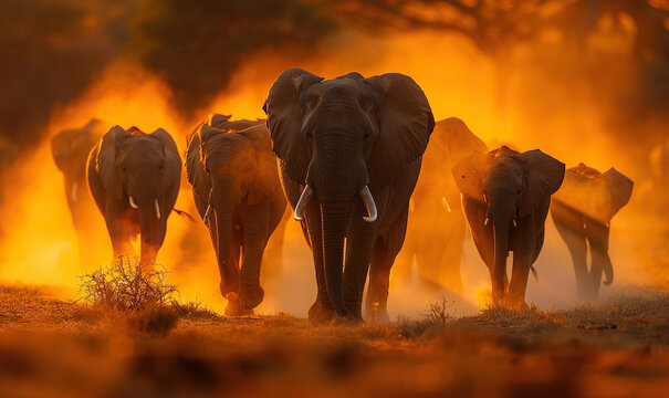 A herd of elephants walking in a line against a warm sunset backdrop. Generate AI