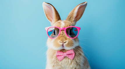 Funny easter concept holiday animal celebration greeting card - Cool easter bunny, rabbit with pink sunglasses and bow tie, isolated on blue background See Less 