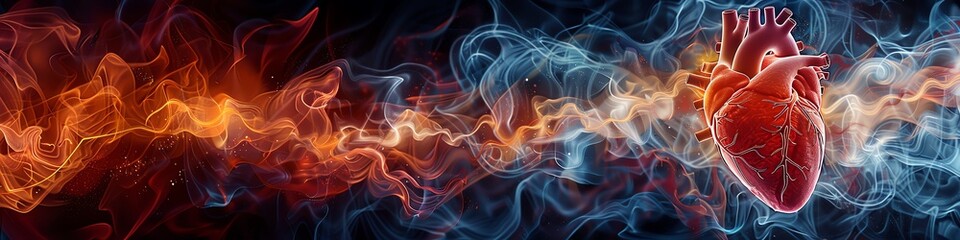 A 3D illustration of a human heart made of red and blue smoke. - obrazy, fototapety, plakaty