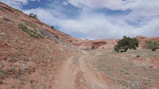Walking on dirt road through the Escalante desert in Utah during spring.