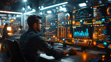 A man in glasses sits at a computer terminal with multiple screens displaying graphs and data.