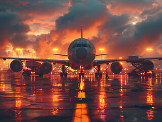 A photo of a plane at an airport with a beautiful sunset in the background.