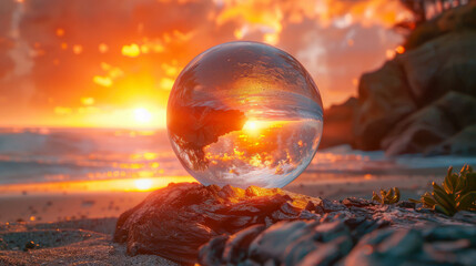 Crystal ball on the beach at sunset