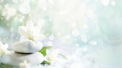 Spa setting with white flowers, and zen stones. Beauty and wellness concept. Banner with copy space.