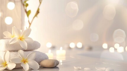 Spa setting with plumeria flowers, towels, candles and stones. Beauty and wellness concept. Banner with copy space.