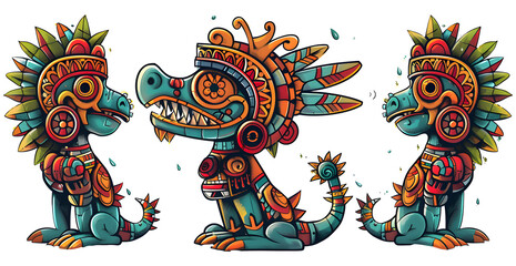 Huitzilopochtli (The god of sun, war, and human sacrifice) feelings, 3 by 3, cartoon style