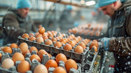 Two men are working in a factory, packing eggs into cartons