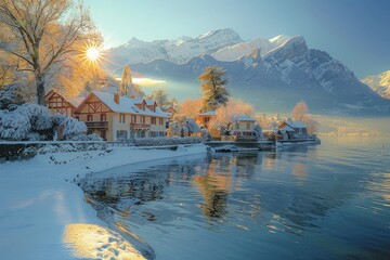Fototapeta premium Snow-Covered Mountains and Houses Surrounding Lake