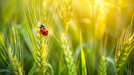 Fototapeta premium ladybug on green wheat ear in sunny field, symbol of organic farming