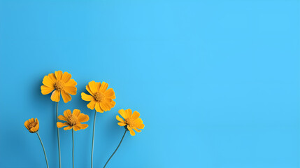 Background with yellow flowers and copy space. Blue background with yellow flowers. Template for  presentation, slide, print - obrazy, fototapety, plakaty