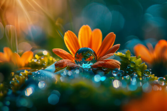 Macro photo of water droplets on orange petals with blurred background.