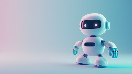 3D rendering of a cute smiling white robot with blue hands
