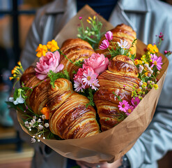 A bouquet of croissants and colorful flowers held by urban woman.