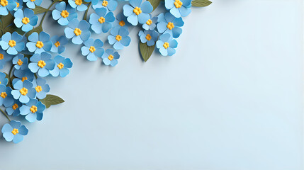 Border with blue flowers and copy space. Summer flowers on blue background. Template for  presentation, slide, print. - obrazy, fototapety, plakaty