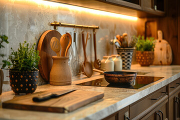 Granite Kitchen Countertop With Stove and Kitchen Utensils