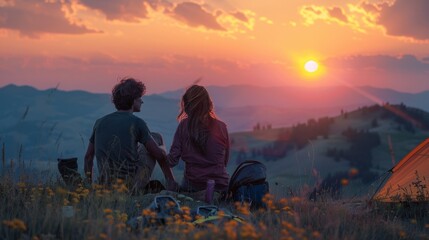 A couple is sitting on a hillside, watching the sun set