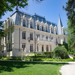 Pirque, Chile - 24 Nov, 2023:  French style Chateau Gardens at the Las Majadas Hotel near Santiago,...
