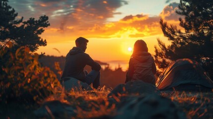 A couple is sitting on a hillside, watching the sun set