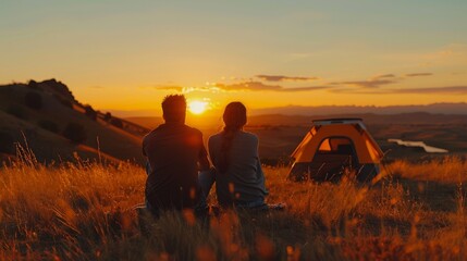 A couple is sitting on a grassy hillside, watching the sun set - Powered by Adobe