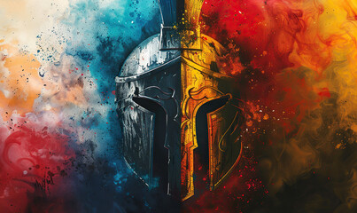 A Spartan helmet immersed in a colorful, dynamic abstract splash of paints. Generate AI