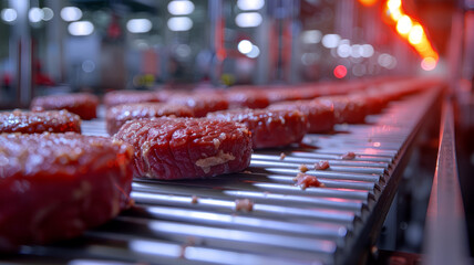Industrial grilling production line with steaks.
