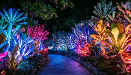 Fototapeta na wymiar Enchanted Pathway: Colorful Lights Illuminate Strange Plants