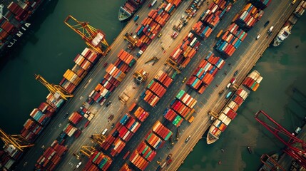 A large number of cargo ships are docked at a port