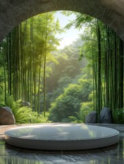 3d products display podium scene. Bamboo forest in the background. Showcase